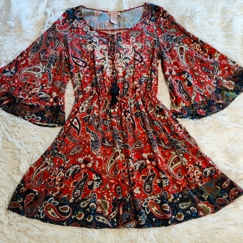Flying Tomato Flowy Boho Mixed Paisley Embroidered Dress Red Navy Blue Tassels M